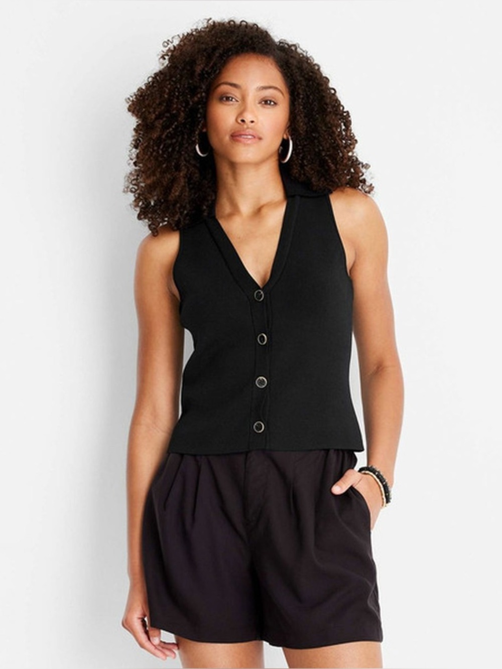 Button-Front Sleeveless Camisole in Black